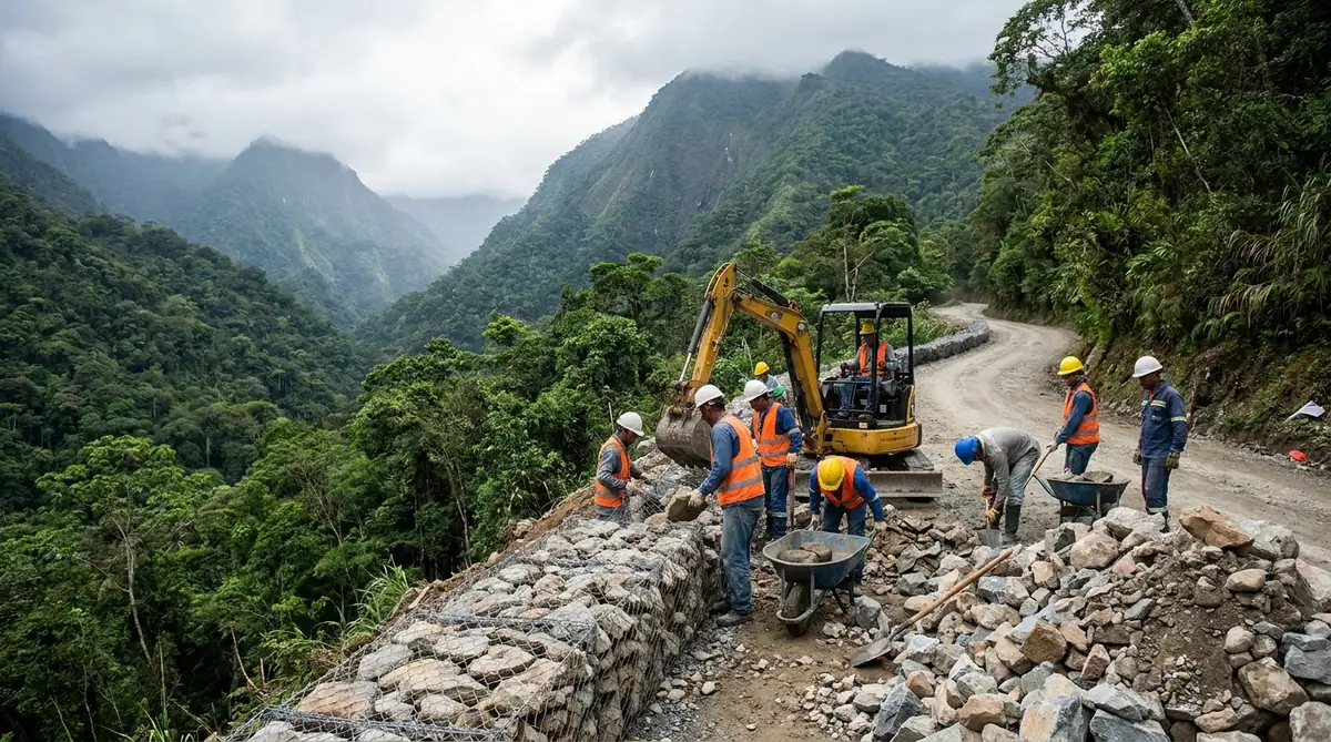 Trabajadores del Ministerio de Transporte construyendo muro de gavion en la carretera La Yaguara - El Junquito