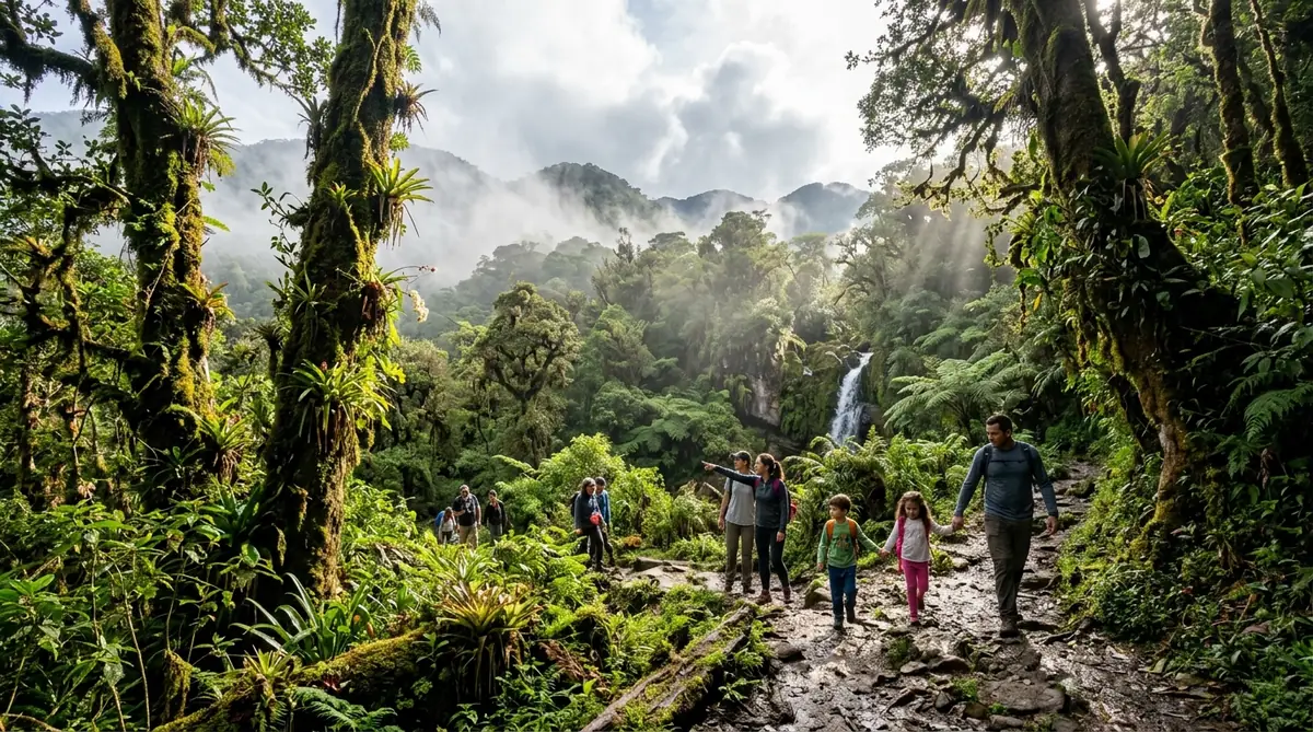 Familias caminando en el sendero del Parque Metropolitano El Junquito, bosque nuboso tropical